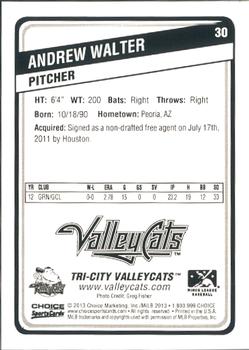 2013 Choice Tri-City ValleyCats #30 Andrew Walter Back