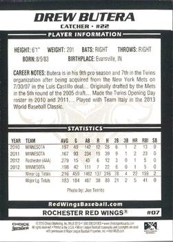 2013 Choice Rochester Red Wings #07 Drew Butera Back