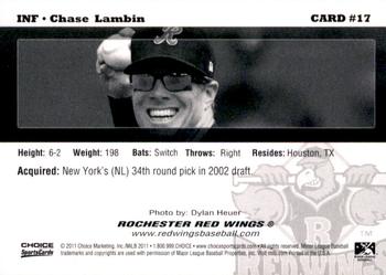 2011 Choice Rochester Red Wings #17 Chase Lambin Back