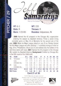2010 MultiAd Iowa Cubs #21 Jeff Samardzija Back