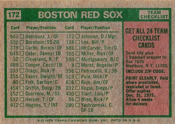 1975 Topps - Team Checklists Gray Back #172 Boston Red Sox / Darrell Johnson Back