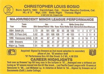 1987 Donruss The Rookies #20 Chris Bosio Back