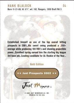 2002 Just Prospects - Gold #4 Hank Blalock Back