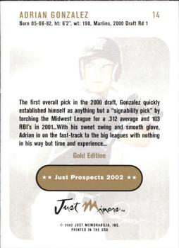 2002 Just Prospects - Gold #14 Adrian Gonzalez Back