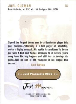 2002 Just Prospects - Gold #18 Joel Guzman Back