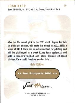 2002 Just Prospects - Gold #19 Josh Karp Back