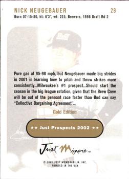 2002 Just Prospects - Gold #28 Nick Neugebauer Back