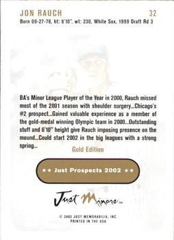 2002 Just Prospects - Gold #32 Jon Rauch Back