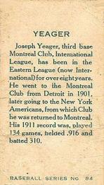 1912 Imperial Tobacco C46 #84 Joseph Yeager Back