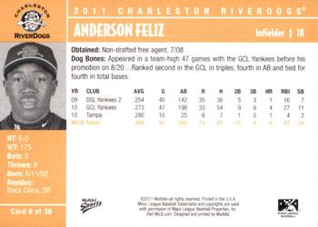 2011 MultiAd Charleston RiverDogs #6 Anderson Feliz Back