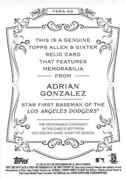 2015 Topps Allen & Ginter - Full Size Relic #FSRA-AG Adrian Gonzalez Back