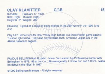 1990 Bellingham Mariners #15 Clay Klavitter Back