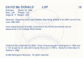 1990 Bellingham Mariners #19 Dave McDonald Back