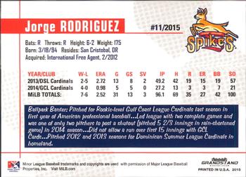 2015 Grandstand State College Spikes #NNO Jorge Rodriguez Back