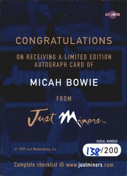 1999 Just - Just Imagine Autographs #NNO Micah Bowie  Back