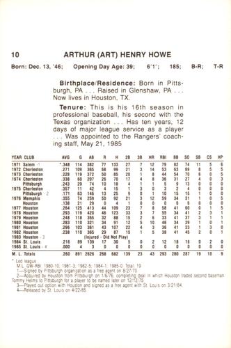 1986 Miller Lite Texas Rangers #NNO Art Howe Back