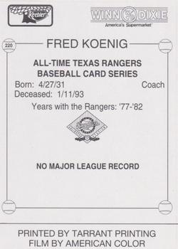 1993 Keebler Texas Rangers #220 Fred Koenig Back