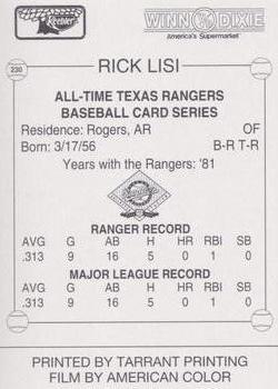 1993 Keebler Texas Rangers #230 Rick Lisi Back