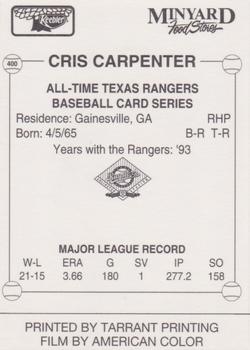 1993 Keebler Texas Rangers #400 Cris Carpenter Back
