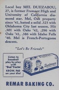 1947 Remar Bread Oakland Oaks #20 Mel Duezabou Back