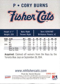 2015 Choice New Hampshire Fisher Cats #7 Cory Burns Back