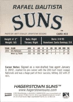 2014 Choice Hagerstown Suns #3 Rafael Bautista Back