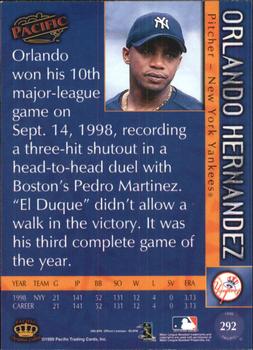 1999 Pacific - Platinum Blue #292 Orlando Hernandez  Back