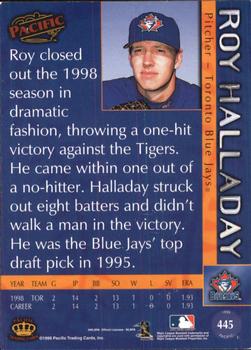 1999 Pacific - Platinum Blue #445 Roy Halladay  Back