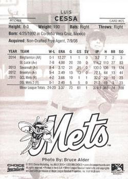2015 Choice Binghamton Mets #05 Luis Cessa Back