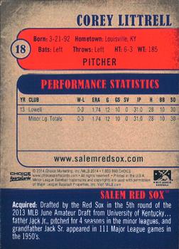2014 Choice Salem Red Sox #18 Corey Littrell Back