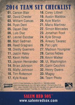 2014 Choice Salem Red Sox #35 Checklist Back