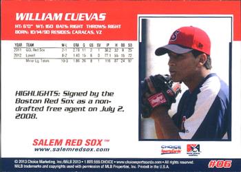 2013 Choice Salem Red Sox #6 William Cuevas Back