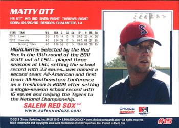 2013 Choice Salem Red Sox #15 Matty Ott Back