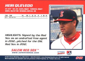 2013 Choice Salem Red Sox #18 Heri Quevedo Back