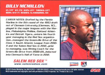 2013 Choice Salem Red Sox #26 Billy McMillon Back