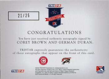 2008 TriStar PROjections - GR8 Xpectations Autographs Dual Black 25 #BD Corey Brown / German Duran Back