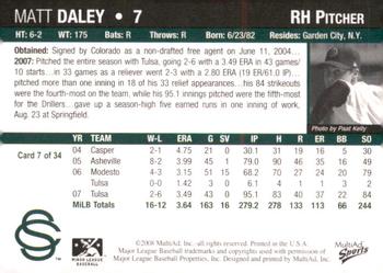 2008 MultiAd Colorado Springs Sky Sox #7 Matt Daley Back