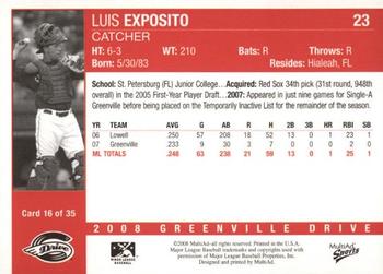 2008 MultiAd Greenville Drive #16 Luis Exposito Back