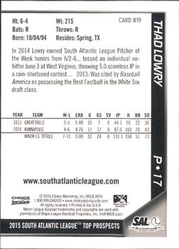 2015 Choice South Atlantic League Top Prospects #19 Thad Lowry Back
