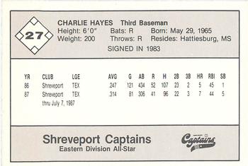 1987 Feder Texas League All Stars #27 Charlie Hayes Back