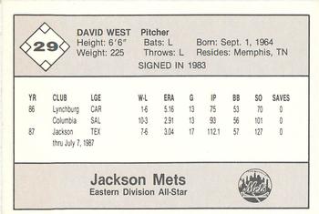 1987 Feder Texas League All Stars #29 David West Back