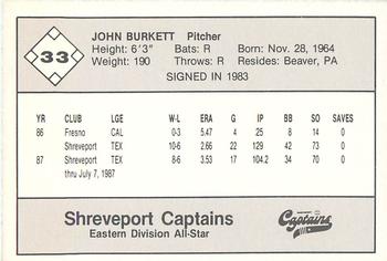 1987 Feder Texas League All Stars #33 John Burkett Back