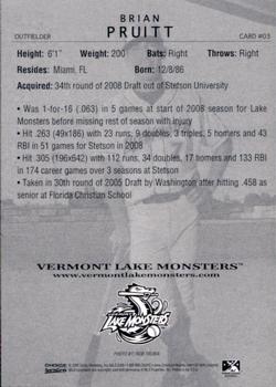 2009 Choice Vermont Lake Monsters #3 Brian Pruitt Back