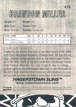 2013 Choice Hagerstown Suns #15 Brandon Miller Back