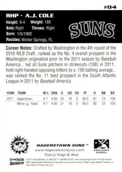 2011 Choice Hagerstown Suns Legends #04 A.J. Cole Back