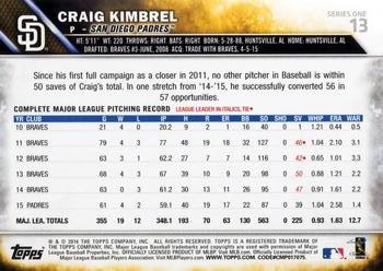 2016 Topps #13 Craig Kimbrel Back