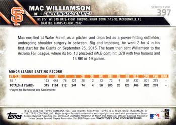2016 Topps #397 Mac Williamson Back
