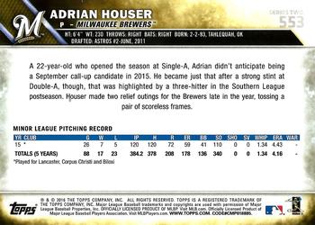 2016 Topps #553 Adrian Houser Back