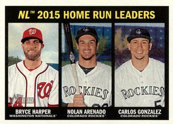 2016 Topps Heritage #244 NL 2015 Home Run Leaders (Bryce Harper / Nolan Arenado / Carlos Gonzalez) Front
