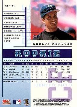1998 Leaf Rookies & Stars #216 Carlos Mendoza Back